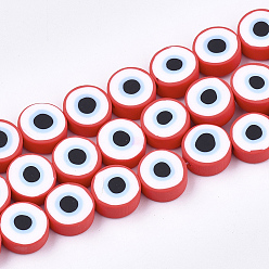 Red Handmade Polymer Clay Beads Strands, Flat Round with Eye, Red, 10.5x4.5~5mm, Hole: 1.4~1.8mm, about 40pcs/strand, 16.5 inch