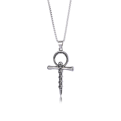 Stainless Steel Color Skull Cross Pendant Necklace Vintage Titanium Steel Ankh Necklace Charm Neck Chain Jewelry Gift for Women Men Birthday Easter Thanksgiving Day, Stainless Steel Color, 21.65 inch(55cm)
