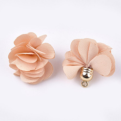 PeachPuff Cloth Pendants, with CCB Plastic, 6-Petal, Flower, Golden, PeachPuff, 26~27x17~28mm, Hole: 1.6mm