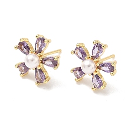 Средняя Орхидея Цветок латунь кубического циркония серьги стержня, с пластмассовой жемчужиной abs, без кадмия и без свинца, долговечный, стойки покрытие, реальный 18 k позолоченный, средне орхидеи, 13.5x14 мм