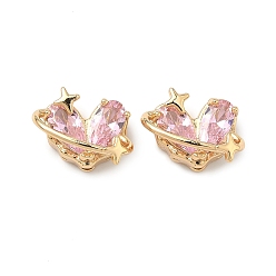 Бледно-Розовый Латунные бусины из фианита, планета-сердце со звездой, реальный 18 k позолоченный, розовый жемчуг, 9x14x8 мм, отверстие : 1.5 мм