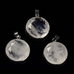 Quartz Crystal Natural Quartz Crystal Beads Pendants, with Platinum Brass Findings, Flat Round, 30.5x26.4x7.8mm, Hole: 6x4mm