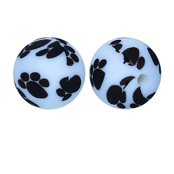 Black Round with Paw Print Pattern Food Grade Silicone Beads, Silicone Teething Beads, Black, 15mm
