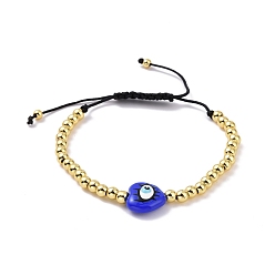 Medium Blue Enamel Evil Eye Heart & Brass Braided Bead Bracelet for Women, Cadmium Free & Lead Free, Medium Blue, Inner Diameter: 2~3-1/8 inch(5.05~8cm)