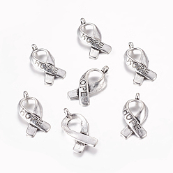 Antique Silver Breast Cancer Awareness Ribbon Carved Word Hope Tibetan Style Alloy Message Pendants, Cadmium Free & Lead Free, Antique Silver, 17x8x3mm, Hole: 2mm