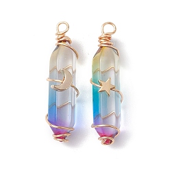 Orchid 2Pcs 2 Style Two Tone Glass Double Terminated Point Beads Pendants Set, Moon & Star Golden Copper Wire Wrapped Charms, Orchid, 38~39x10x18mm, Hole: 3mm, 1Pc/style