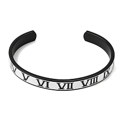 Noir 304 Bracelets manchettes ouverts en acier inoxydable émaillé blanc avec chiffres romains pour femmes, placage ionique (ip), noir, diamètre intérieur: 2.52 pouce (6.4 cm)