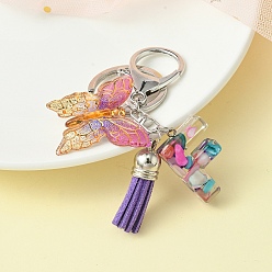 Letter F Resin Letter & Acrylic Butterfly Charms Keychain, Tassel Pendant Keychain with Alloy Keychain Clasp, Letter F, 9cm
