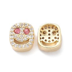 Pink Brass Micro Pave Cubic Zirconia Beads, Lead Free & Cadmium Free, Long-Lasting Plated, Real 18K Gold Plated, Oval with Smiling Face, Pink, 9x8x4mm, Hole: 1mm