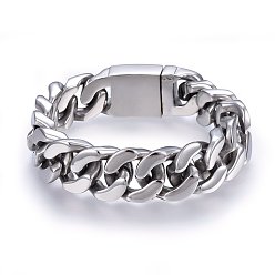 Stainless Steel Color 304 Stainless Steel Curb Chains Bracelets, with Box Clasp, Smooth Surface and Faceted, Stainless Steel Color, 9-1/2 inch(24cm), 19x7.5mm