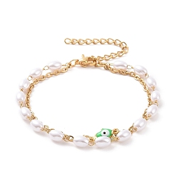 Светло-зеленый Вакуумное покрытие pvd 304 многорядные браслеты из нержавеющей стали, с рисовыми пластиковыми бусинами и эмалевыми звеньями, рука хамсы / рука мириам со сглазом, золотые, светло-зеленый, 6-3/8 дюйм (16.1 см)