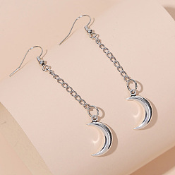 silver Minimalist Long Silver Chain Moon Earrings - Creative, Personalized, Trendy Ear Pendants.