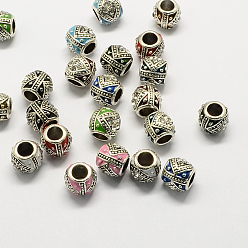 Mixed Color Alloy Rhinestone European Beads, Drum Large Hole Beads, Enamel Style, Antique Silver, Mixed Color, 10x11mm, Hole: 5mm