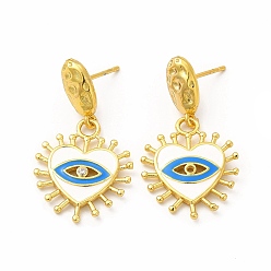 Белый Серьга-гвоздик из латуни с кубическим цирконием, эмалированное сердце с подвеской в виде глаза для женщин, реальный 18 k позолоченный, без свинца и без кадмия, белые, 33 мм, штифты : 1 мм