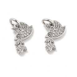 Platinum Pigeon with Leaf Brass Micro Pave Clear Cubic Zirconia Charms, with Jump Rings, Cadmium Free & Lead Free, Platinum, 13.5x7.5x1.5mm, Hole: 3mm