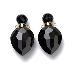 Obsidian Natural Obsidian Perfume Bottle Pendants, with Golden Brass Findings, Faceted, Oval, 36.5mm, Hole: 1.6mm, Bottle Capacity: 0.3ml(0.01 fl. oz)