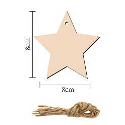 Bisque 10Pcs Star Unfinished Wood Cutouts Ornaments, with Hemp Rope, for Blank Crafts DIY Christmas Party Hanging Decoration Supplies, Bisque, 8x8cm