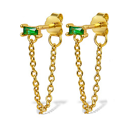 Green Real 18K Gold Plated 925 Sterling Silver Chains Front Back Stud Earrings, with Rectangle Cubic Zirconia, Green, 48x4mm