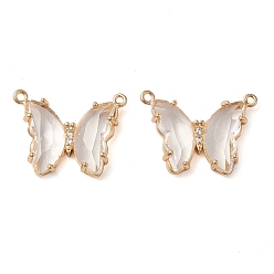 Clear Brass Pave Faceted Glass Connector Charms, Golden Tone Butterfly Links, Clear, 17.5x23x5mm, Hole: 0.9mm