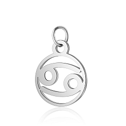 Cancer 304 Stainless Steel Charms, with Jump Rings, Polished, Flat Round with Constellation, Cancer, 13x11x1mm, Hole: 2.5mm