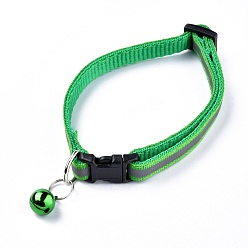 Green Adjustable Polyester Reflective Dog/Cat Collar, Pet Supplies, with Iron Bell and Polypropylene(PP) Buckle, Green, 21.5~35x1cm, Fit For 19~32cm Neck Circumference