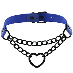 Blue Sapphire (Spades Hearts) Fashionable Heart-shaped Black Chain Collar Necklace with Lock, PU Leather Material
