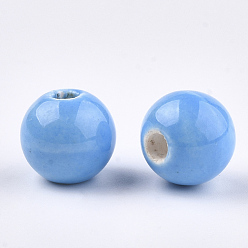 Deep Sky Blue Handmade Porcelain Beads, Bright Glazed Porcelain, Round, Deep Sky Blue, 8~8.5x7.5~8mm, Hole: 1.5~2mm