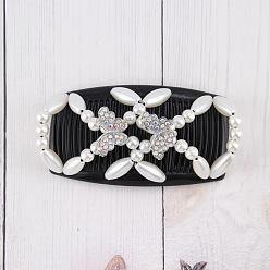 White Wood Hair Bun Maker, Stretch Double Hair Comb, with Plastic Bead and Rhinestone, White, 75x107mm
