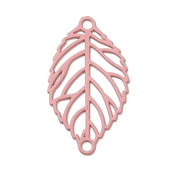 Pink 430 Stainless Steel Connector Charms, Etched Metal Embellishments, Leaf Links, Pink, 19x10.5x0.5mm, Hole: 1.2mm