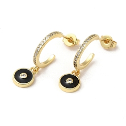 Black Ring & Evil Eye Real 18K Gold Plated Brass Stud Earrings, Half Hoop Earrings with Cubic Zirconia and Enamel, Black, 22.5x7mm