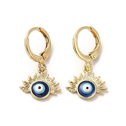 Prussian Blue Evil Eye Real 18K Gold Plated Brass Dangle Leverback Earrings, with Enamel, Prussian Blue, 25x13.5mm