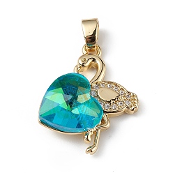 Темно-Голубой Настоящие позолоченные подвески из латуни с микропаве из прозрачного кубического циркония, со стеклом, долговечный, без кадмия и без свинца, фламинго с сердечком, глубокое синее небо, 18 мм, отверстие : 24x19x8 мм