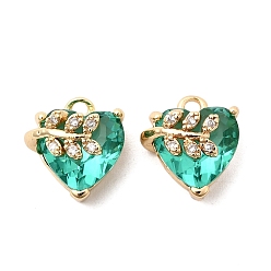 Бирюза Латунные микро проложить кубического циркония подвески, сердце с подвесками в виде листьев, со стеклом, долговечный, золотые, бирюзовые, 12.5x10.5x8 мм, отверстие : 1.4 мм