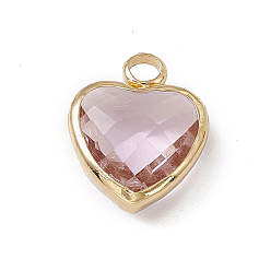 Light Rose Heart K9 Glass Charms, Faceted, with Light Gold Tone Brass Edge, Light Rose, 13.5x10.5x4.5mm, Hole: 2.2mm