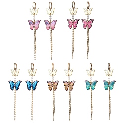 Mixed Color Alloy Butterfly Dangle Leverback Earrings, 304 Stainless Steel Chains Tassel Earrings, Mixed Color, 90x22mm