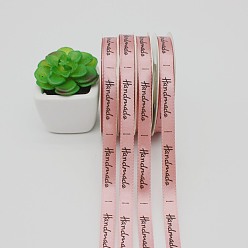 Pink Printed Polyester Ribbons, Garment Accessory, Word Handmade, Pink, 3/8 inch(10mm), about 25 yards/roll