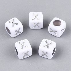 Letter X Акриловые бусины, горизонтальное отверстие, металлическое покрытие, кубические, белые, Письмо X, 6x6x6 мм, отверстие : 3.5 мм, 2600 шт / 500 г