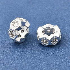 Серебро Шестиугольные латунные микропаве прозрачные кубические цирконии европейские бусины, рондель, колесо, бусины с большими отверстиями, стойки покрытие, долговечный, без свинца и без кадмия, серебряные, 8x4 мм, отверстие : 4.4 мм
