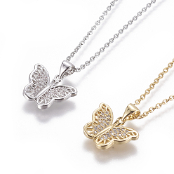 Mixed Color 304 Stainless Steel Pendant Necklaces, with Brass Cubic Zirconia Pendants, Butterfly, Mixed Color, 17.32 inch~17.71 inch(44~45cm), Pendant: 13x16x3mm