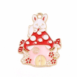 Красный Подвески из эмали и сплава, Кролик с шармом в виде грибного домика, красные, 30.5x23x1 мм, отверстие : 2 мм