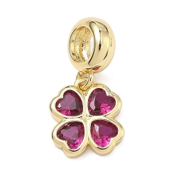 Фуксиновый Подвеска в виде клевера в европейском стиле ко Дню Святого Патрика, латунная, инкрустированная кубическим цирконием., подвески с большим отверстием в виде клевера, стойки покрытие, долговечный, без кадмия и без свинца, реальный 18 k позолоченный, красно-фиолетовые, 20 мм, отверстие : 4.9 мм