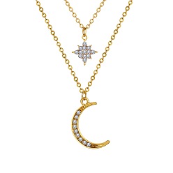 51210 Sparkling Multi-layer Alloy Necklace with Moon-shaped Diamond Pendant