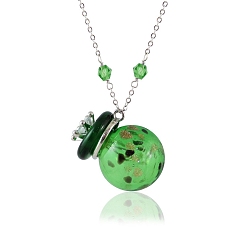 Green Round with Crown Lampwork Perfume Bottle Necklaces, with Titanium Steel Chains, Green, 23.62 inch(60cm), Capacity: 0.5ml(0.02fl. oz)