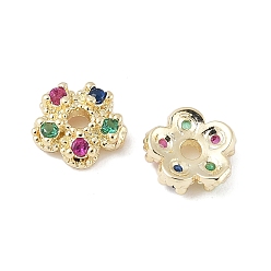 Настоящее золото 14K Латунные колпачки для бусин с микропаве и разноцветными фианитами, 5-лепестков цветка, реальный 14 k позолоченный, 6.5x2.5 мм, отверстие : 1.4 мм