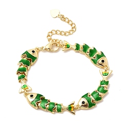Зеленый Латунные браслеты-цепочки с микропаве из кубического циркония для женщин, рыба, с эмалью, стойки покрытие, долговечный, без кадмия и без свинца, реальный 18 k позолоченный, зелёные, 6.18 дюйм (15.7 см)