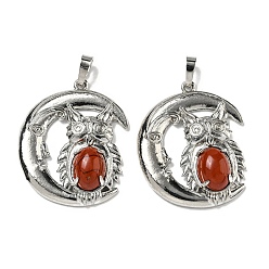 Красный Камень Природные красной яшмы подвески, Подвески в виде совы со стойкой, латунь, луна, платина, без кадмия и без свинца, 38.5x31.5x8 мм, отверстие : 8x5 мм