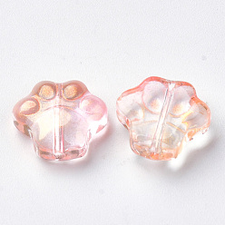 Pink Transparent Spray Painted Glass Beads, with Glitter Powder, Dog Paw Prints, Pink, 11x12x4.5mm, Hole: 1mm