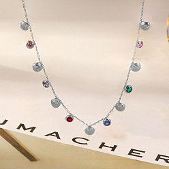 Нержавеющая Сталь Цвет Океан 304 подвеска-колье из нержавеющей стали с цветными кубическими циркониями в форме плоской круглой ракушки для женщин, цвет нержавеющей стали, 15.75 дюйм (40 см)