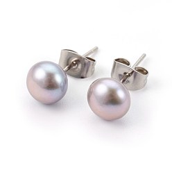 Gainsboro Natural Pearl Beads Ear Studs, with 304 Stainless Steel Findings, Round, Gainsboro, 16~18x5~7mm, Pin: 0.7mm
