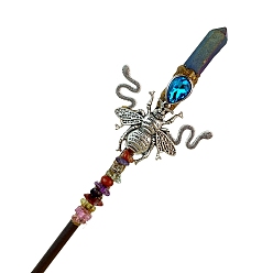 Steel Blue Wood Hair Stick, with Alloy Findings and Natural Dyed Quartz, Hair Accessories, Steel Blue, 180mm